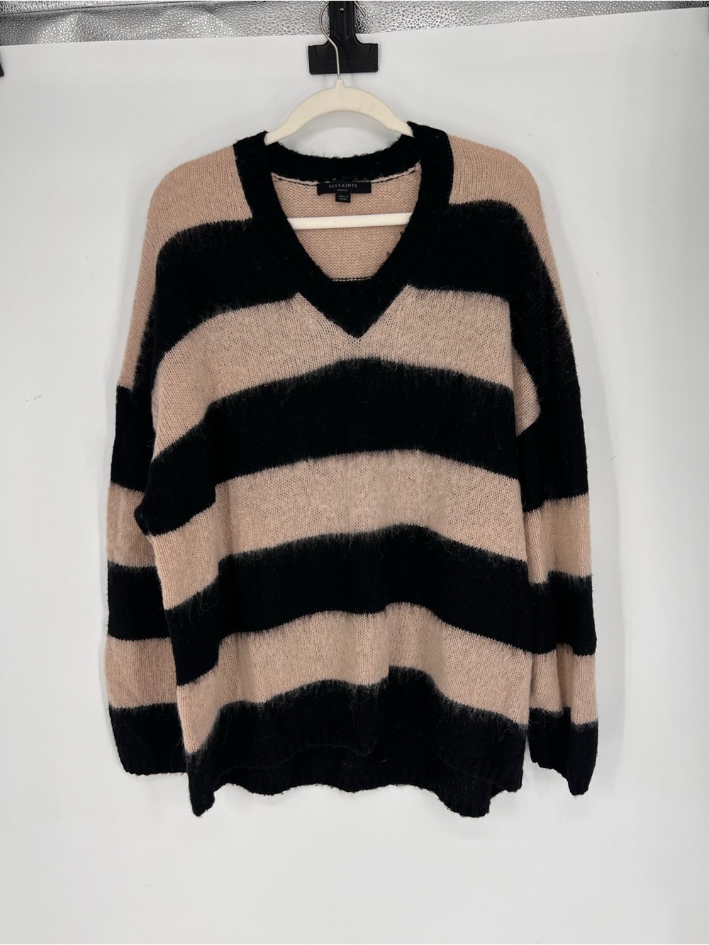 Allsaints Wool Alpaca Blend Black Beige Striped V-Neck Oversized V Neck Sweater